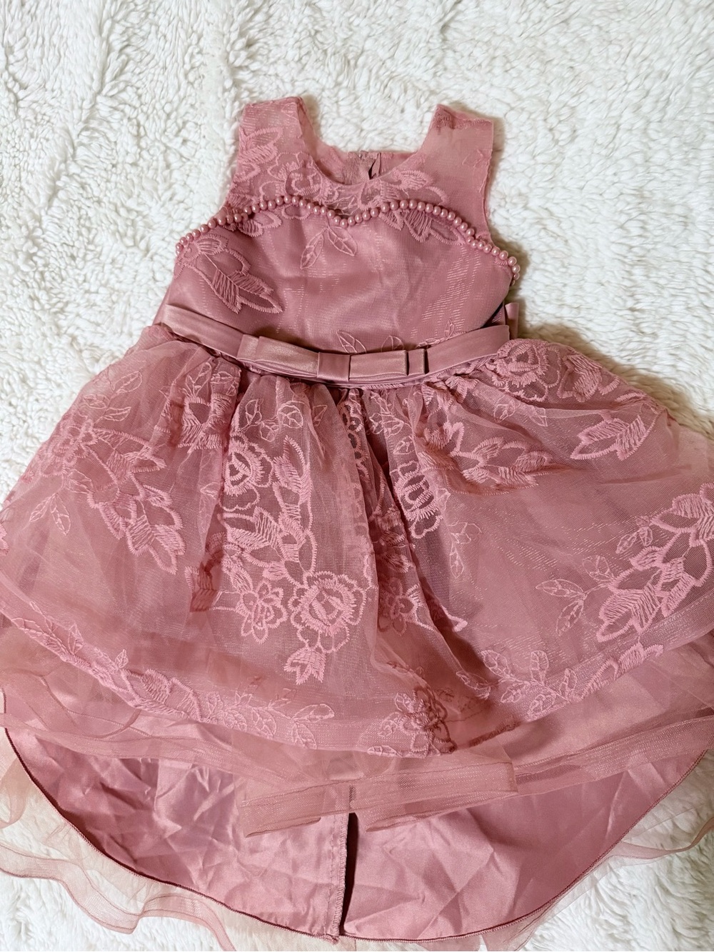 Girls' Mauve Pink Lace Party Dress with Bow